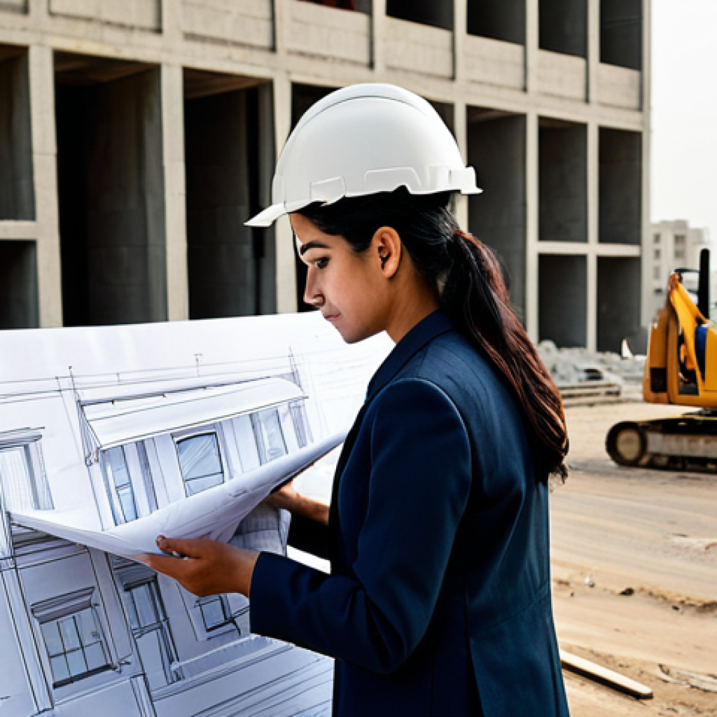 **

"A professional female architect, fully clothed in modest business attire, reviewing blueprints on a construction site in Karachi, Pakistan. Background includes modern buildings and construction workers wearing hard hats. Safe for work, appropriate content, perfect anatomy, natural proportions, professional, family-friendly, high resolution."

**