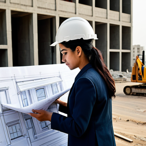 Home 22 **
"A professional female architect, fully clothed in modest business attire, reviewing blueprints on a construction site in Karachi, Pakistan. Background includes modern buildings and construction workers wearing hard hats. Safe for work, appropriate content, perfect anatomy, natural proportions, professional, family-friendly, high resolution."
**