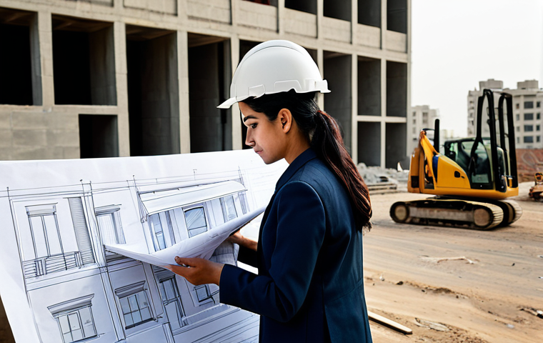 **

"A professional female architect, fully clothed in modest business attire, reviewing blueprints on a construction site in Karachi, Pakistan. Background includes modern buildings and construction workers wearing hard hats. Safe for work, appropriate content, perfect anatomy, natural proportions, professional, family-friendly, high resolution."

**