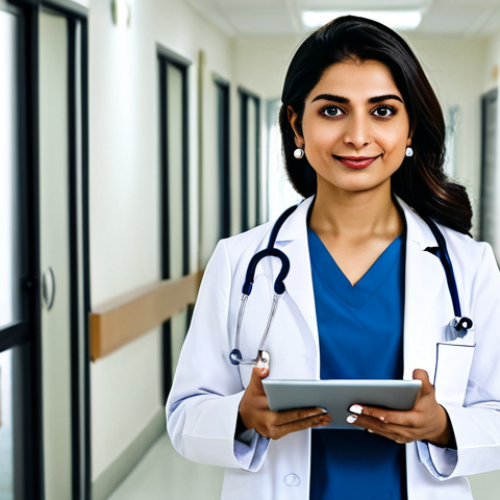 Home 21 **
A confident Pakistani female doctor in a fully clothed, modest white coat, standing in a well-lit, modern hospital hallway. She has a friendly expression and is holding a tablet. "Safe for work," "appropriate content," "professional," "perfect anatomy," "correct proportions," "natural pose," "well-formed hands," "proper finger count," "natural body proportions," "high quality."
**