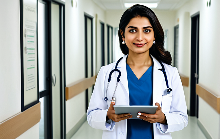 **

A confident Pakistani female doctor in a fully clothed, modest white coat, standing in a well-lit, modern hospital hallway. She has a friendly expression and is holding a tablet. "Safe for work," "appropriate content," "professional," "perfect anatomy," "correct proportions," "natural pose," "well-formed hands," "proper finger count," "natural body proportions," "high quality."

**